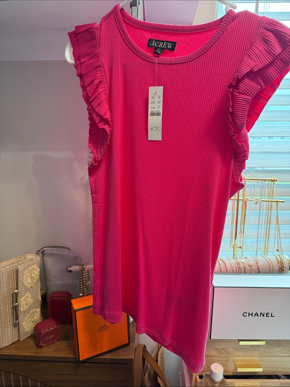J. Crew Hot Pink Ruffled Ribbed Tank